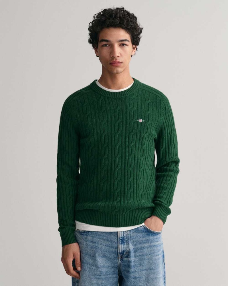 Gant Lambswool Cable Knit Crew Neck Men\'s Sweater Forest Green | ELYRK-8764