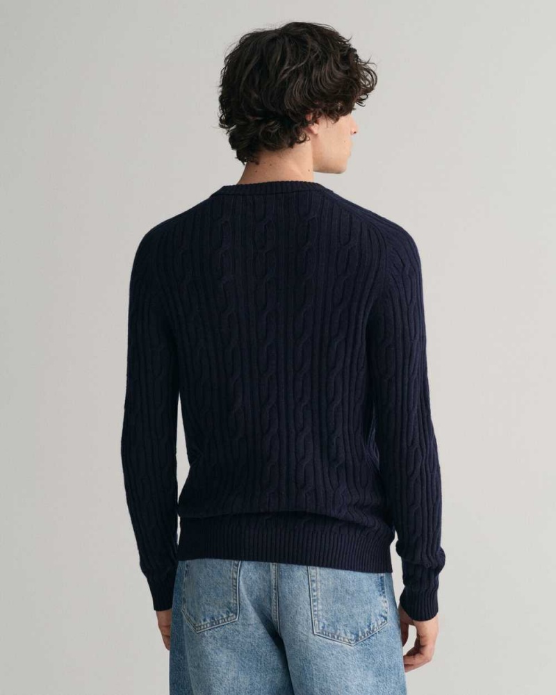 Gant Lambswool Cable Knit Crew Neck Men's Sweater Evening Blue | GBPLX-0183