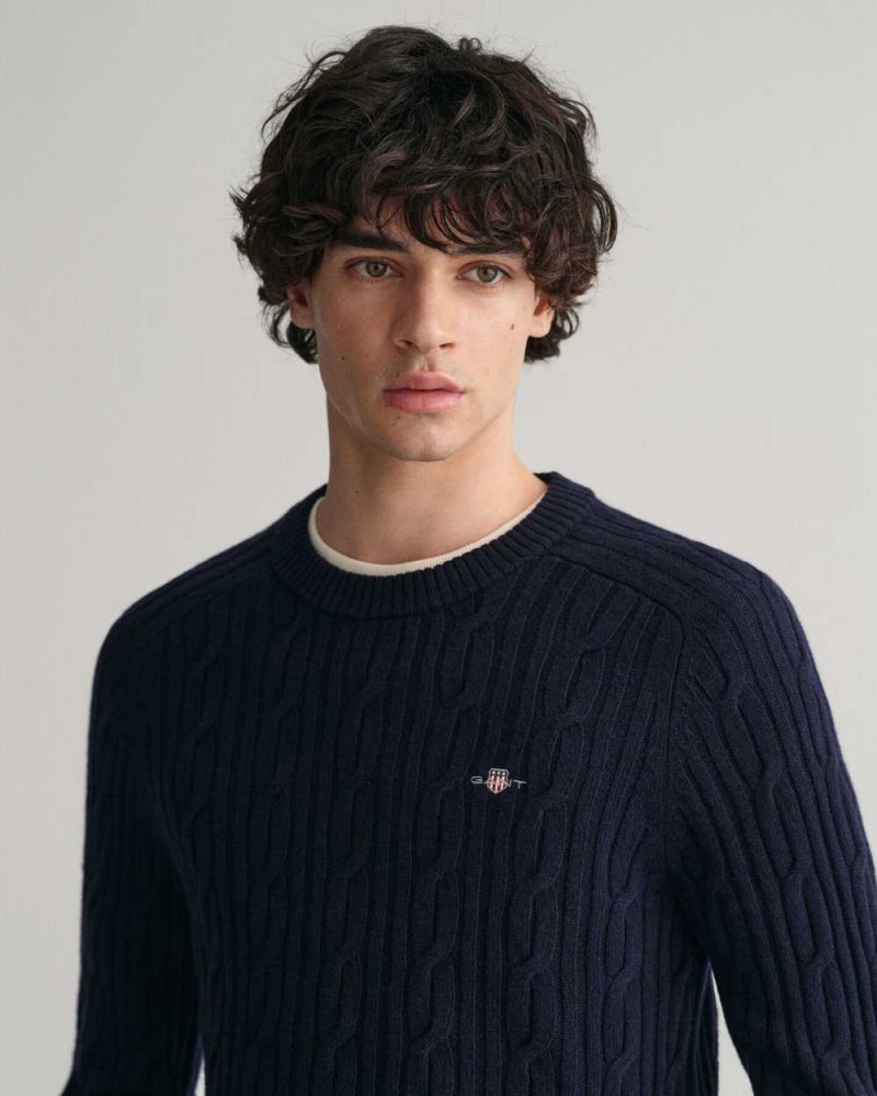 Gant Lambswool Cable Knit Crew Neck Men's Sweater Evening Blue | GBPLX-0183