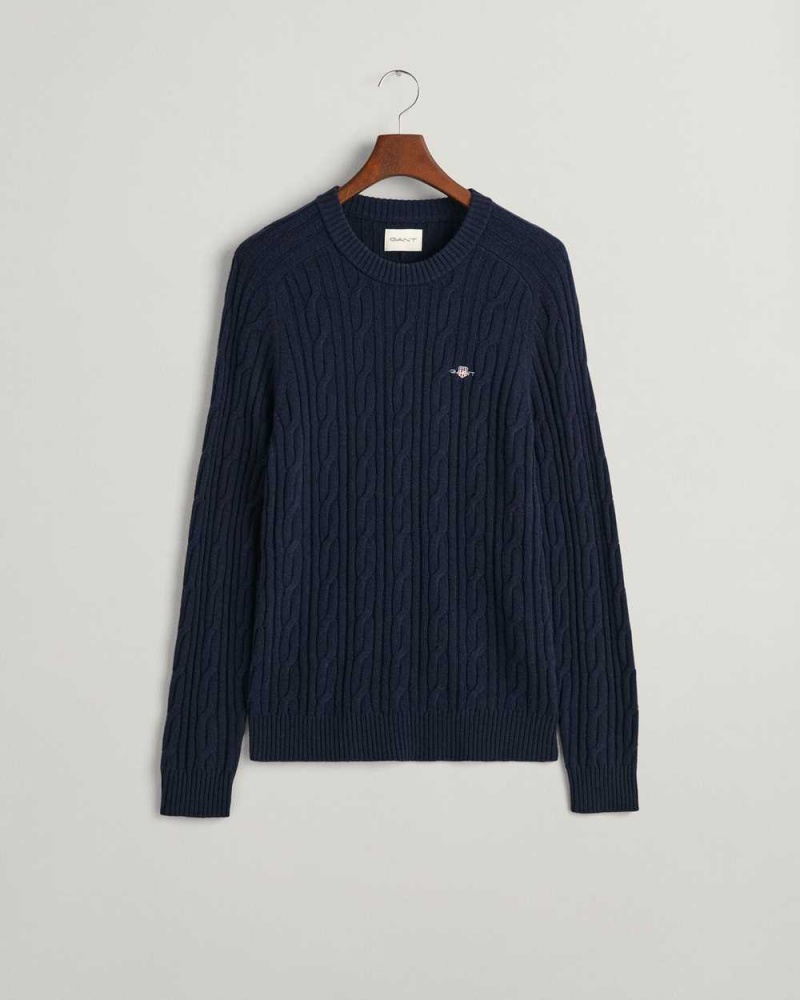 Gant Lambswool Cable Knit Crew Neck Men's Sweater Evening Blue | GBPLX-0183