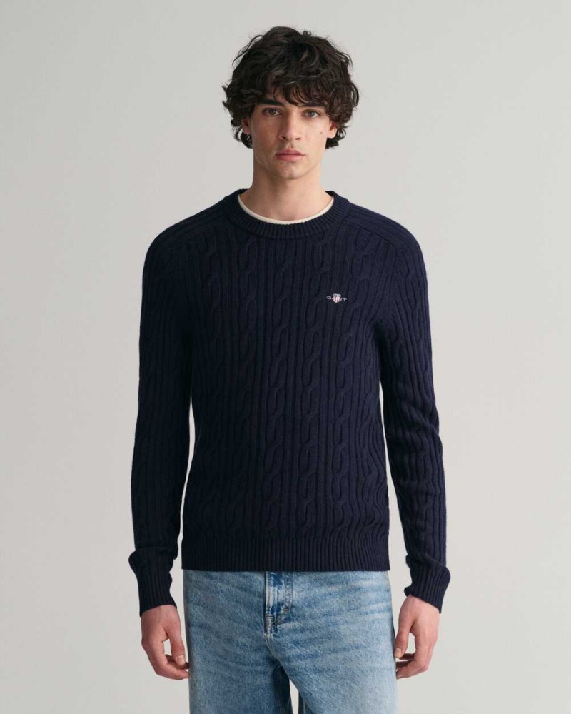 Gant Lambswool Cable Knit Crew Neck Men\'s Sweater Evening Blue | GBPLX-0183