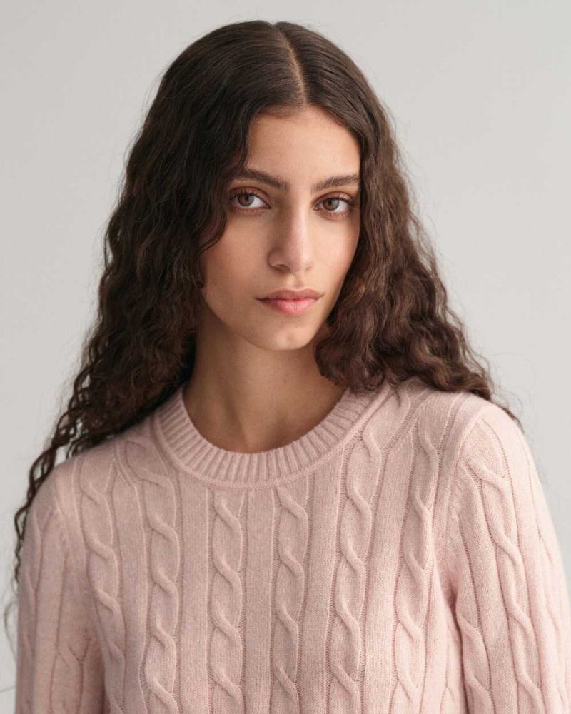 Gant Lambswool Cable Knit Crew Neck Women's Sweater Faded Pink | KBDYH-3890