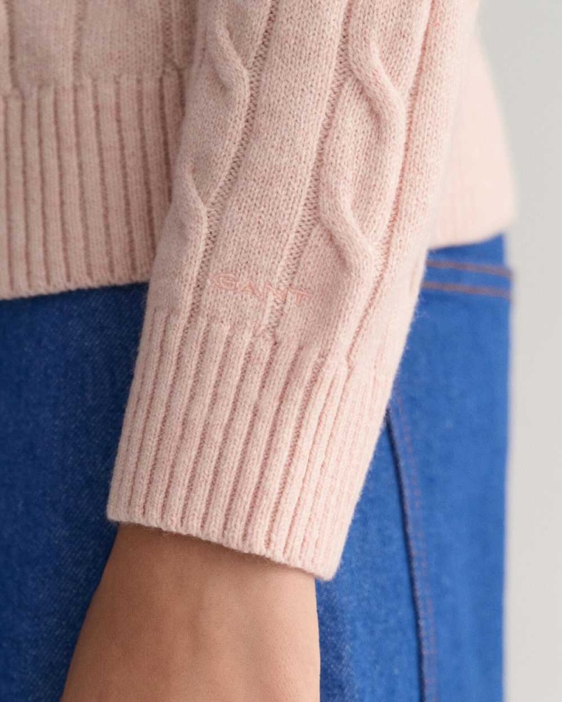 Gant Lambswool Cable Knit Crew Neck Women's Sweater Faded Pink | KBDYH-3890