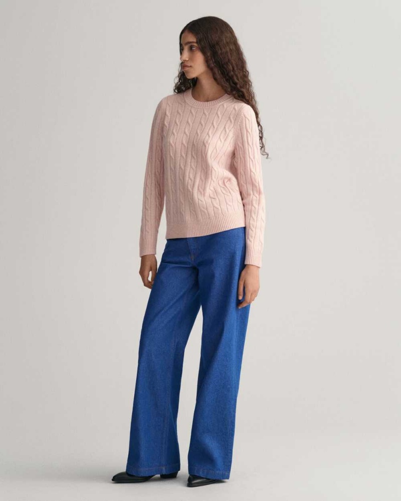 Gant Lambswool Cable Knit Crew Neck Women's Sweater Faded Pink | KBDYH-3890