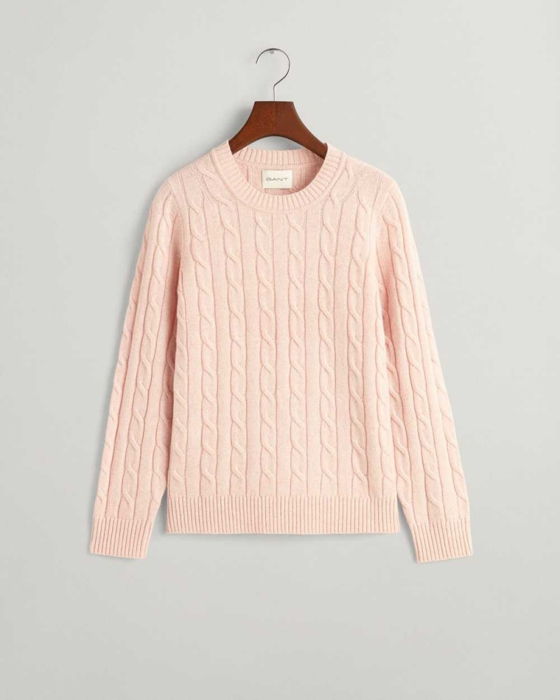 Gant Lambswool Cable Knit Crew Neck Women's Sweater Faded Pink | KBDYH-3890