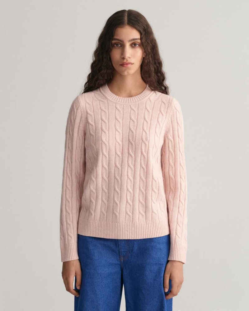 Gant Lambswool Cable Knit Crew Neck Women\'s Sweater Faded Pink | KBDYH-3890