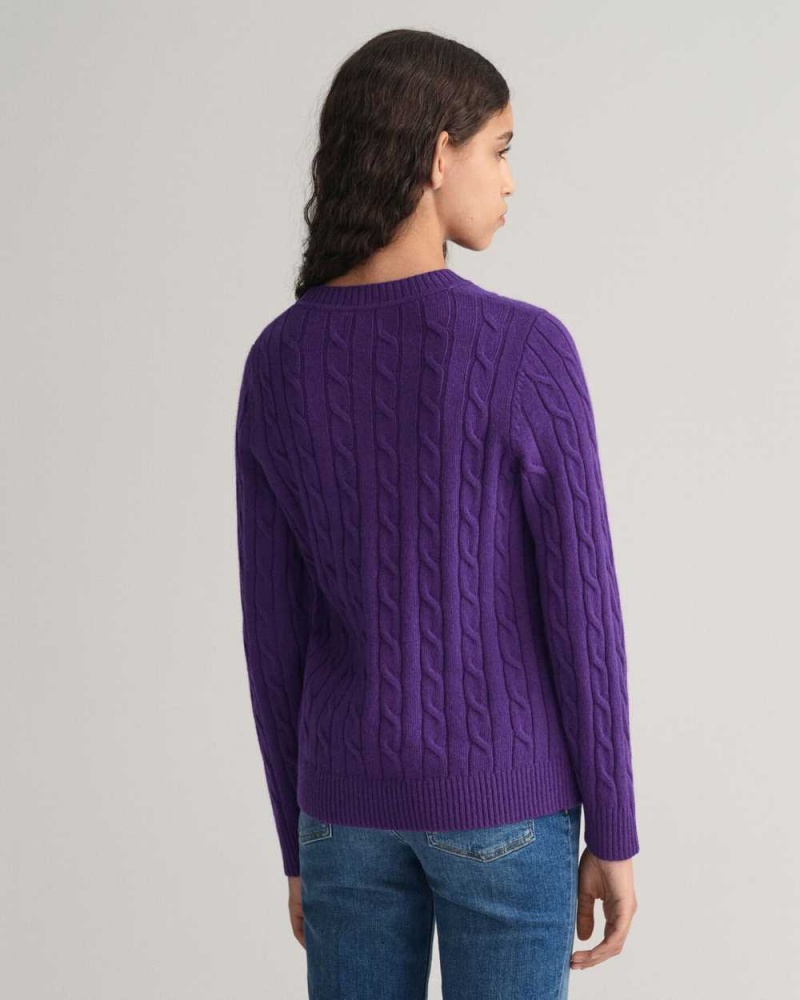 Gant Lambswool Cable Knit Crew Neck Women's Sweater Pansy Purple | YUIGS-2754