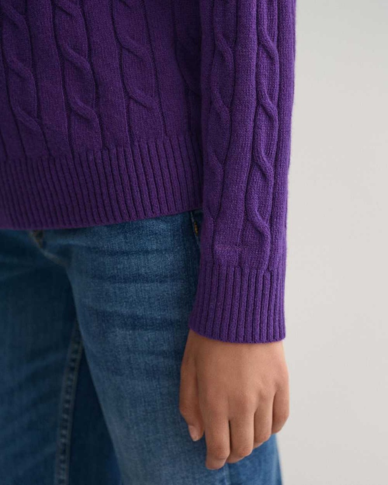 Gant Lambswool Cable Knit Crew Neck Women's Sweater Pansy Purple | YUIGS-2754