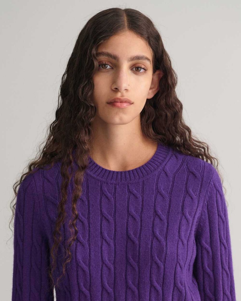 Gant Lambswool Cable Knit Crew Neck Women's Sweater Pansy Purple | YUIGS-2754