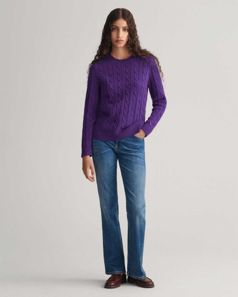 Gant Lambswool Cable Knit Crew Neck Women's Sweater Pansy Purple | YUIGS-2754