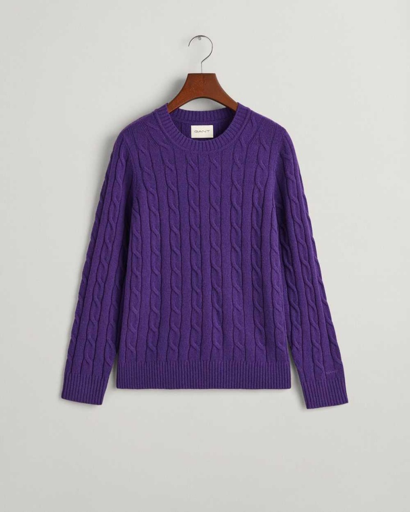 Gant Lambswool Cable Knit Crew Neck Women's Sweater Pansy Purple | YUIGS-2754