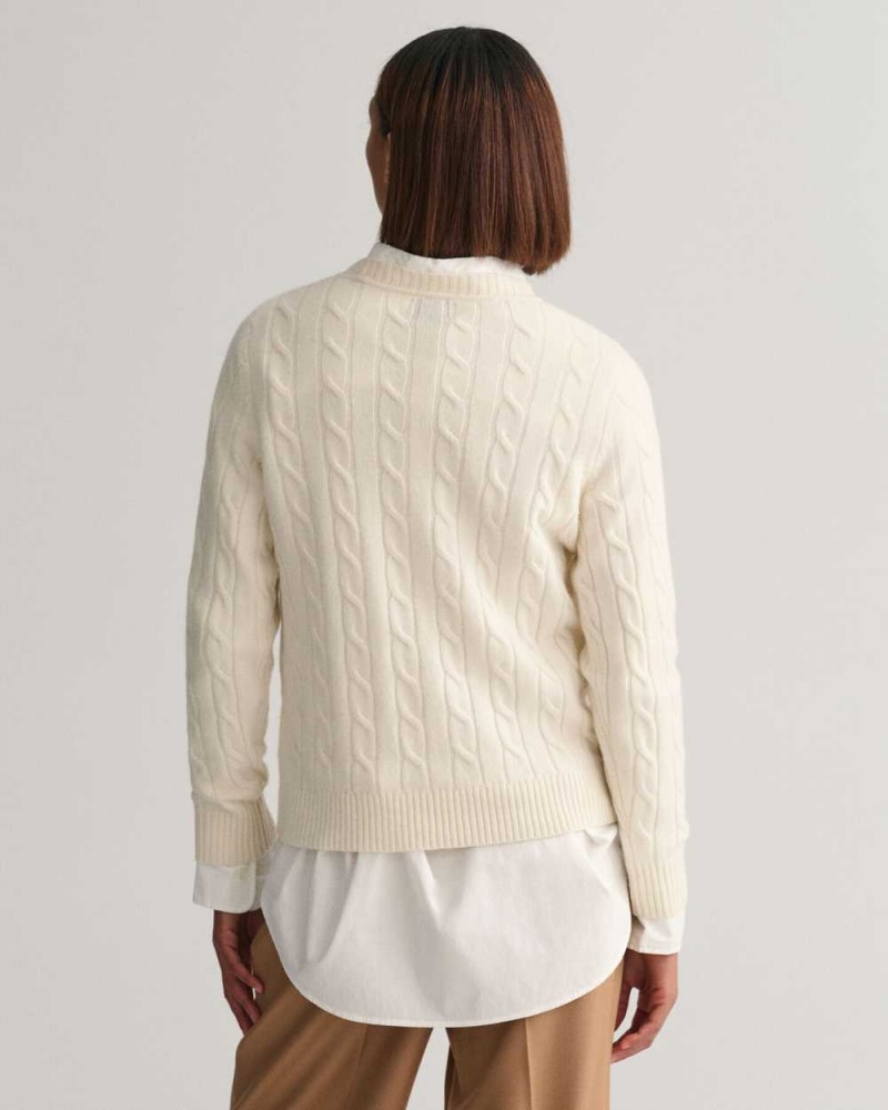 Gant Lambswool Cable Knit Crew Neck Women's Sweater Cream | WBHJS-6543