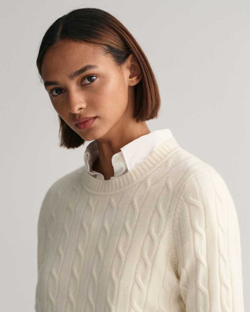 Gant Lambswool Cable Knit Crew Neck Women's Sweater Cream | WBHJS-6543