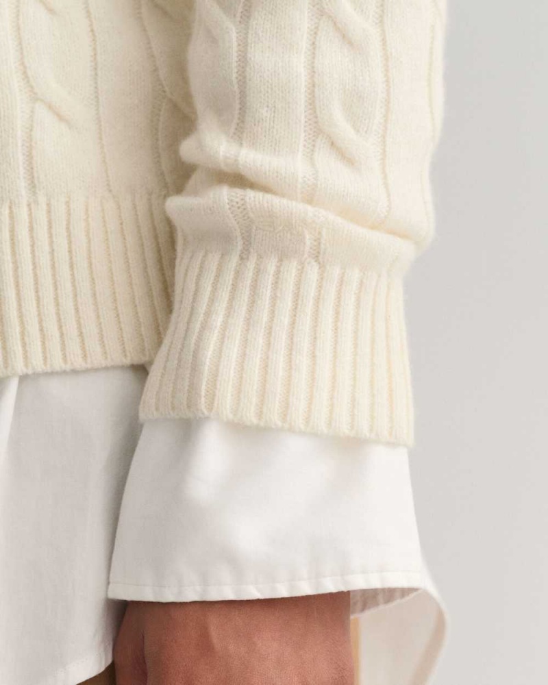 Gant Lambswool Cable Knit Crew Neck Women's Sweater Cream | WBHJS-6543