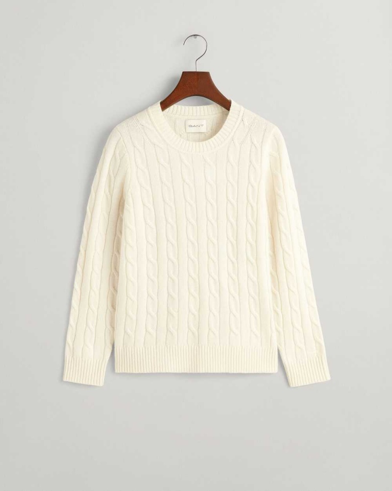 Gant Lambswool Cable Knit Crew Neck Women's Sweater Cream | WBHJS-6543