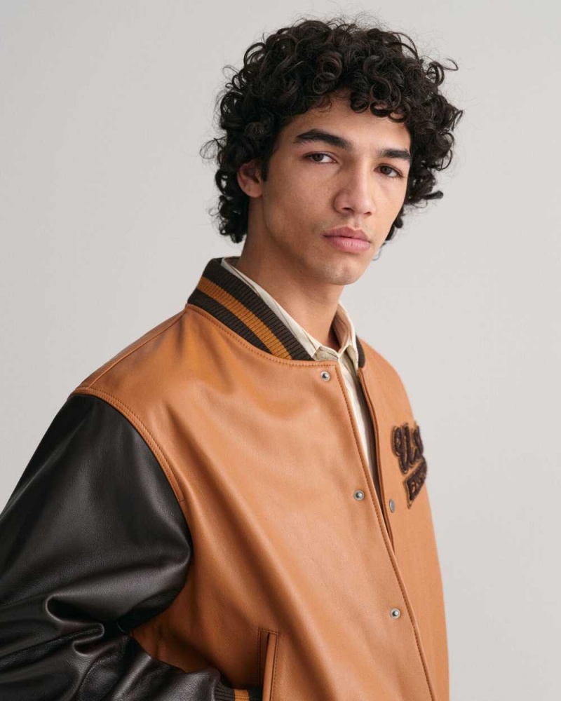 Gant Leather GANT Varsity Men's Jackets Brown Black | CBOQW-1469