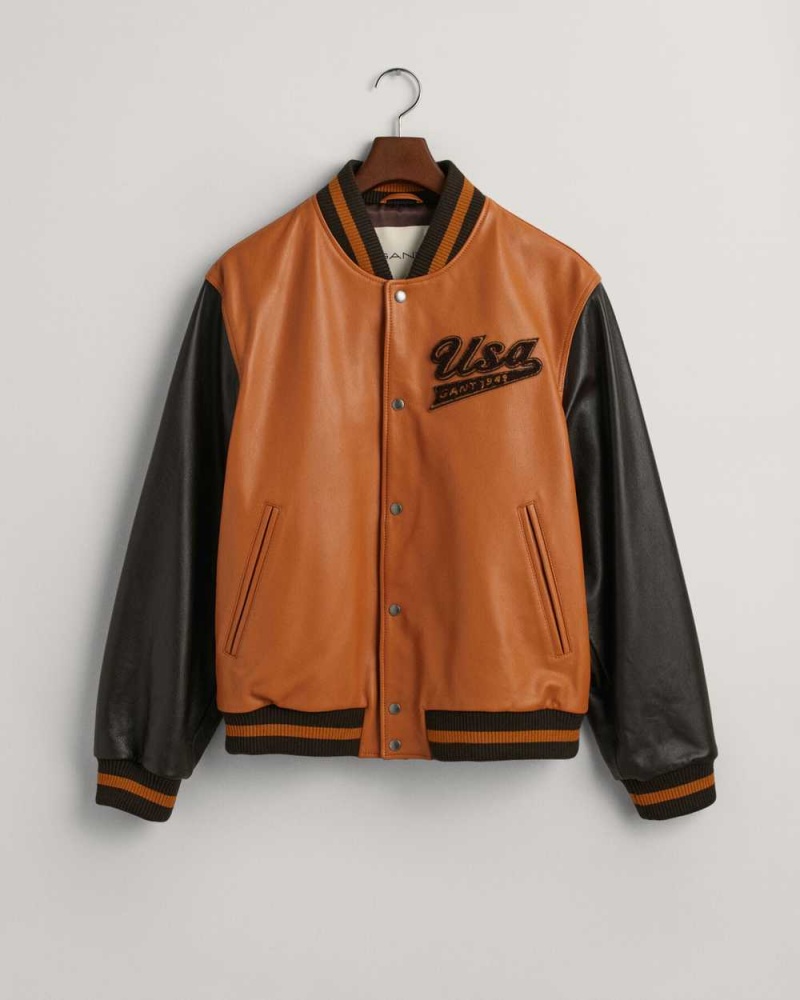 Gant Leather GANT Varsity Men's Jackets Brown Black | CBOQW-1469