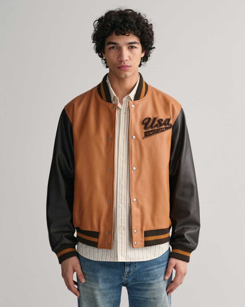 Gant Leather GANT Varsity Men\'s Jackets Brown Black | CBOQW-1469