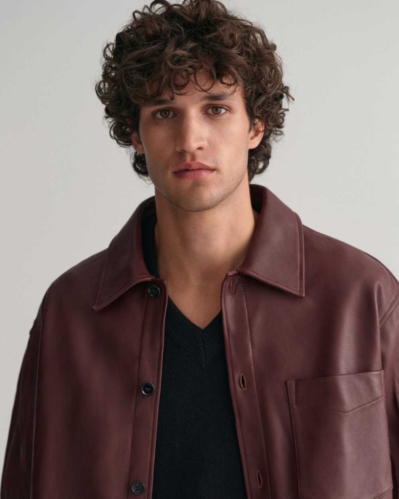 Gant Leather Men's Shirts Dark Red Brown | XJELW-7298