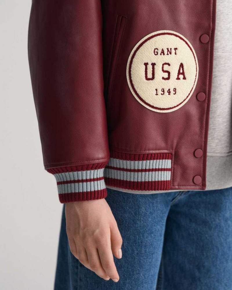 Gant Leather Varsity Women's Jackets Plumped Red | TIBNY-0893