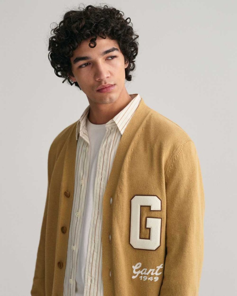 Gant Letterman Men's Cardigan Golden Khaki | UBCZW-0835