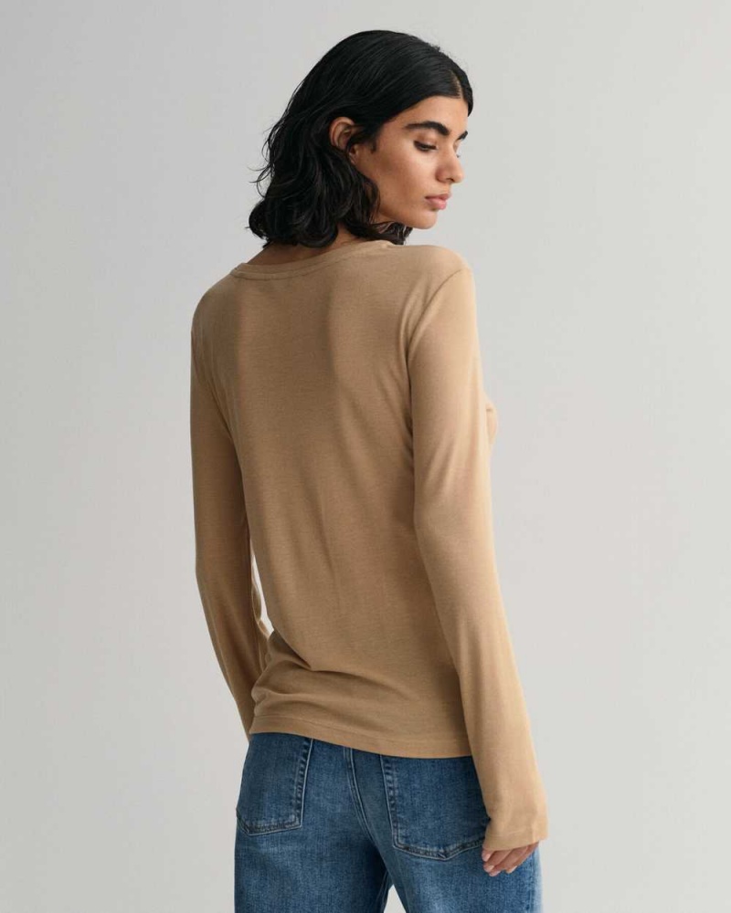 Gant Lightweight Long Sleeve Women's T-Shirt Dark Khaki | KZSHN-1485