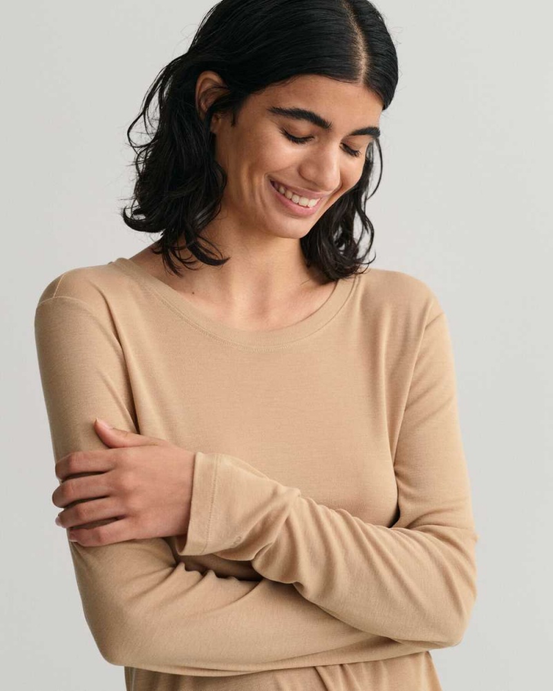 Gant Lightweight Long Sleeve Women's T-Shirt Dark Khaki | KZSHN-1485