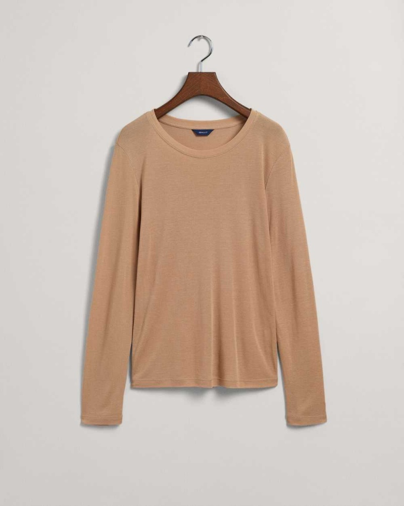 Gant Lightweight Long Sleeve Women's T-Shirt Dark Khaki | KZSHN-1485