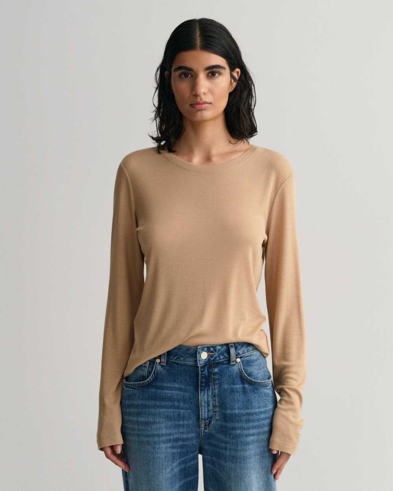 Gant Lightweight Long Sleeve Women\'s T-Shirt Dark Khaki | KZSHN-1485