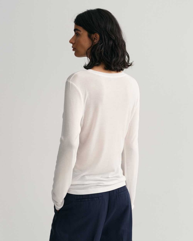 Gant Lightweight Long Sleeve Women's T-Shirt Beige White | VHDXY-2731