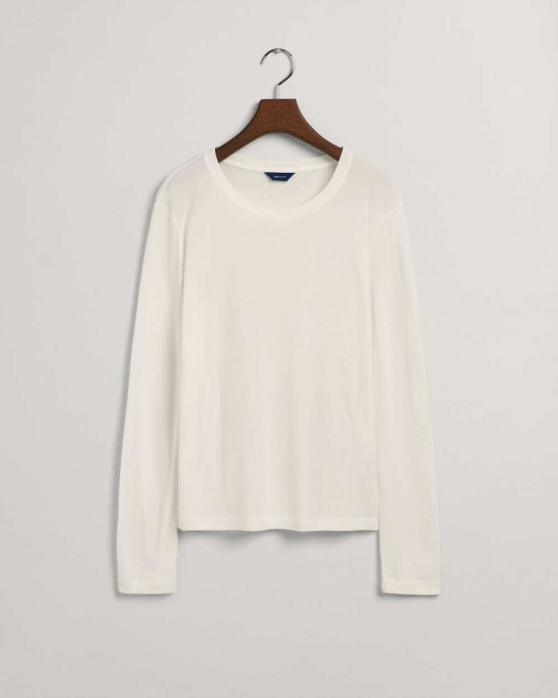 Gant Lightweight Long Sleeve Women's T-Shirt Beige White | VHDXY-2731