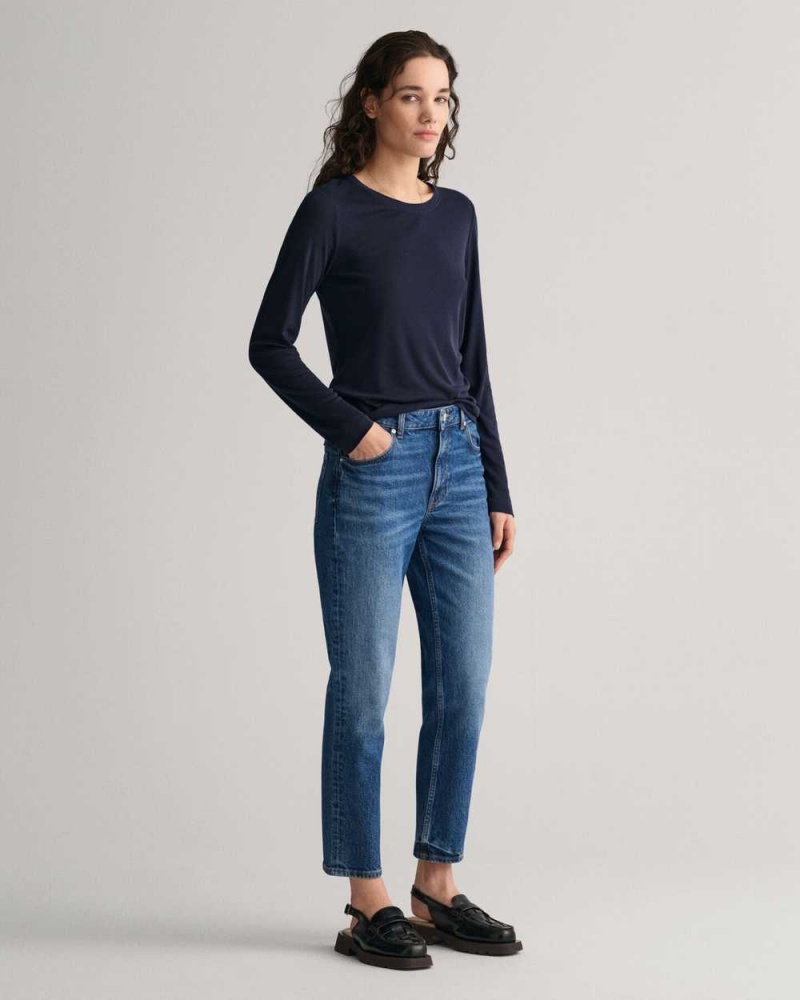 Gant Lightweight Long Sleeve Women's T-Shirt Evening Blue | XLKYR-5819