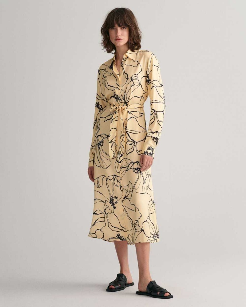 Gant Line Drawing Shirt Women's Dress Dusty Light Yellow | HGXQW-4807