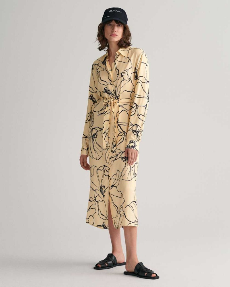 Gant Line Drawing Shirt Women's Dress Dusty Light Yellow | HGXQW-4807