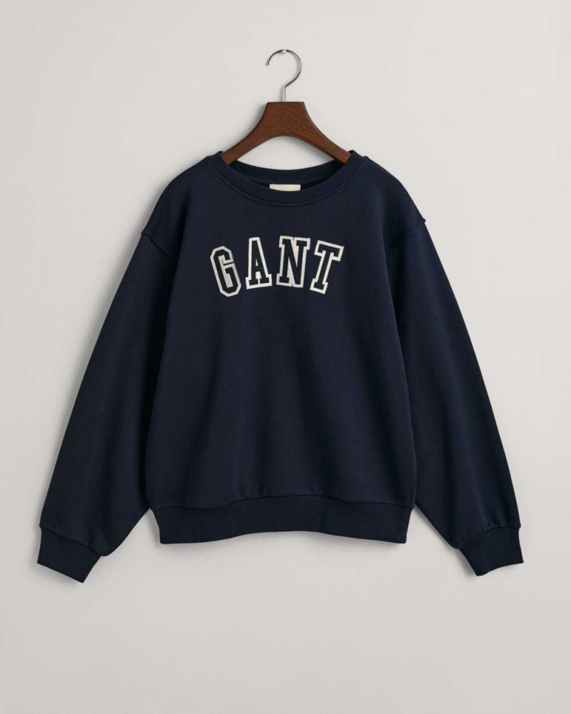 Gant Logo Crew Neck Women\'s Sweatshirts Evening Blue | TZUHR-2438