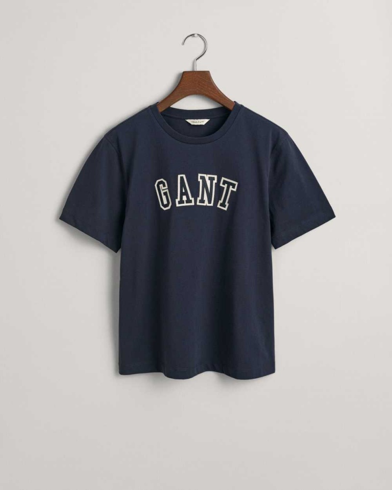 Gant Logo Crew Neck Women\'s T-Shirt Evening Blue | YMZRH-6542