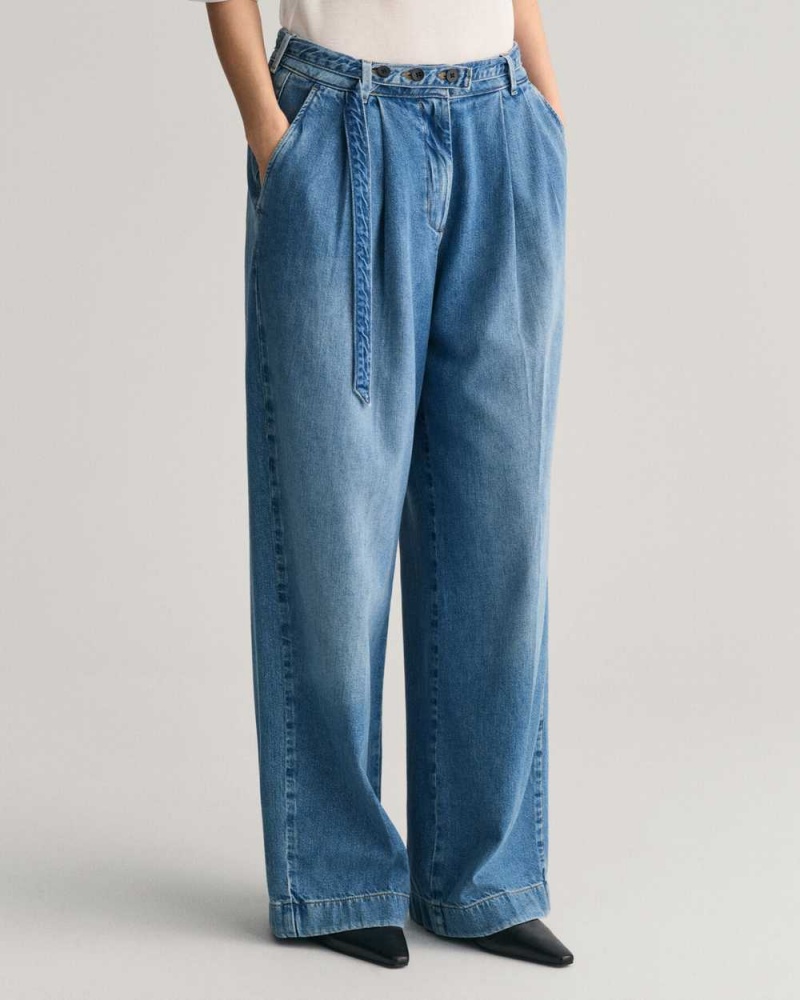 Gant Loose Fit Low-Waisted Belted Women's Jeans Mid Blue | NXJBO-4739