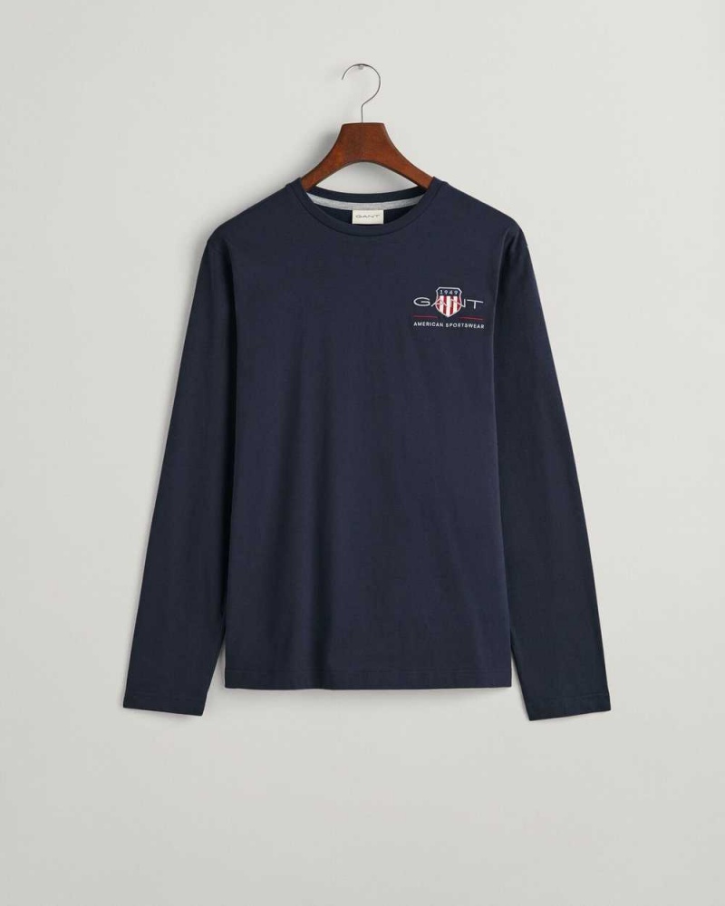 Gant Medium Archive Shield Long Sleeve Men's T-Shirt Evening Blue | CKBHA-8526