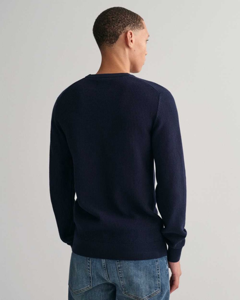 Gant Micro Cotton Textured Crew Neck Men's Sweater Evening Blue | FJCYK-9547