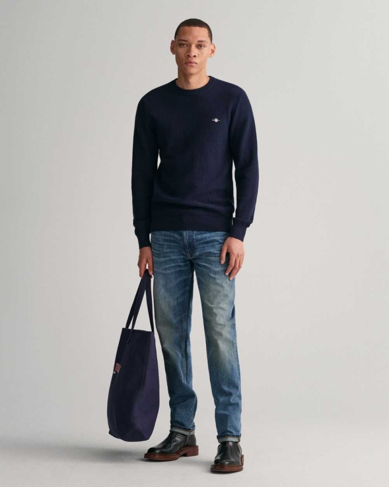 Gant Micro Cotton Textured Crew Neck Men's Sweater Evening Blue | FJCYK-9547