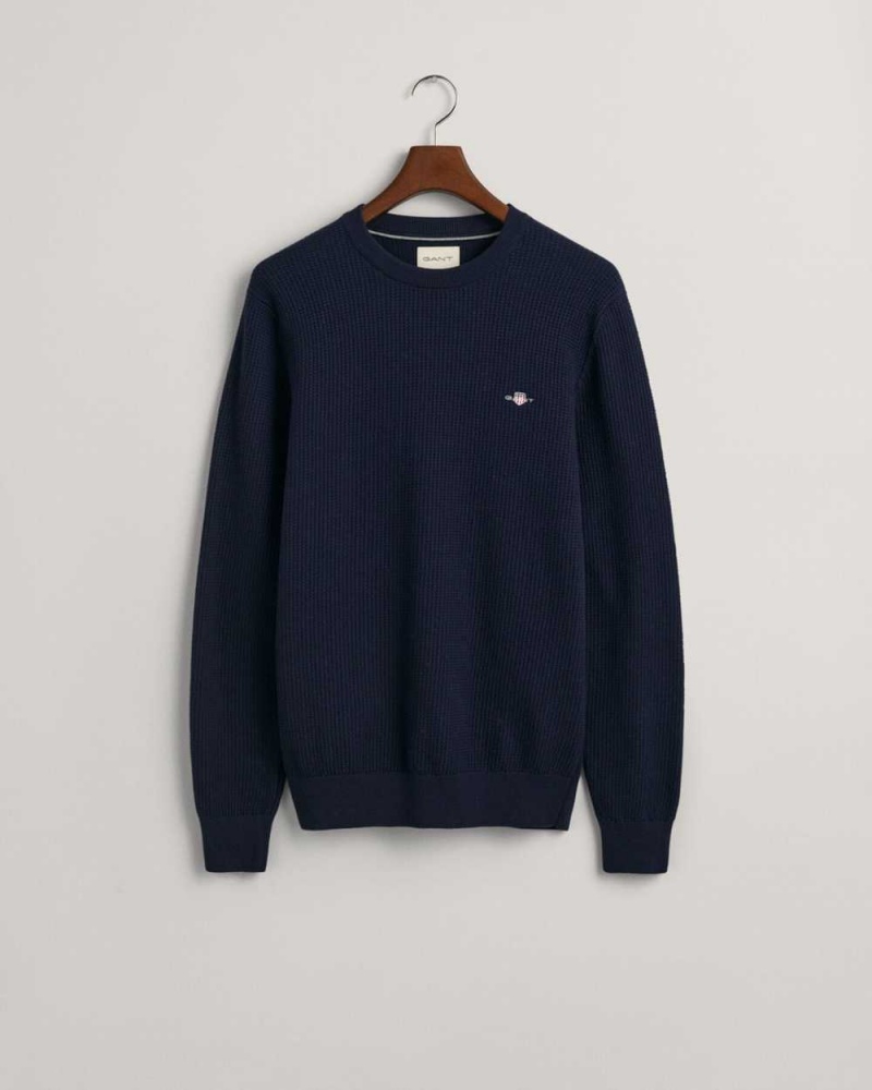 Gant Micro Cotton Textured Crew Neck Men's Sweater Evening Blue | FJCYK-9547