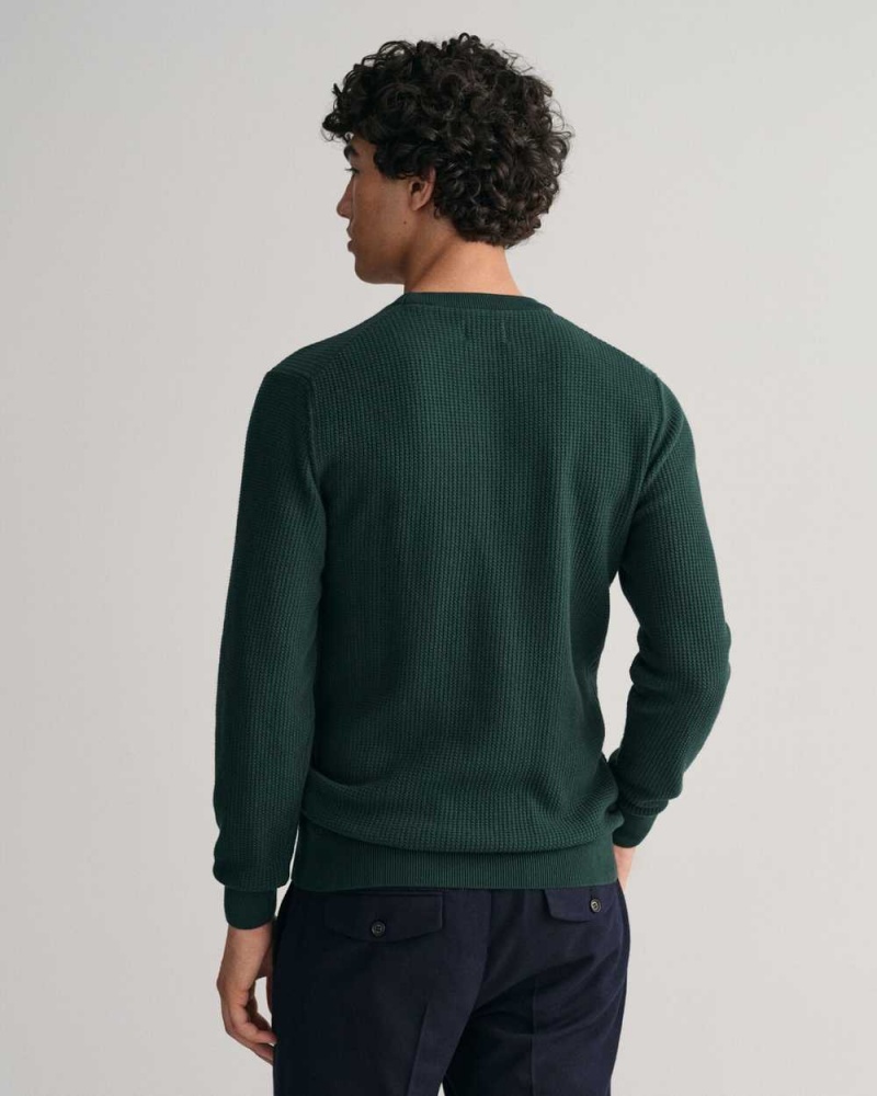 Gant Micro Cotton Textured Crew Neck Men's Sweater Tartan Green | ZNXTU-1428