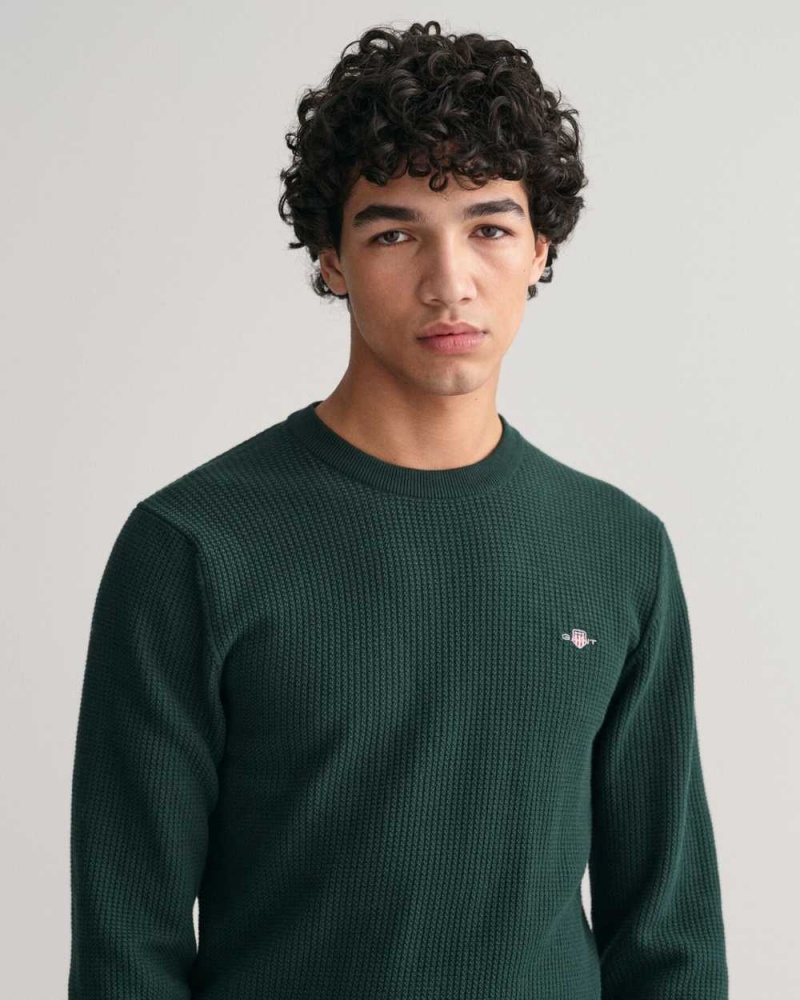 Gant Micro Cotton Textured Crew Neck Men's Sweater Tartan Green | ZNXTU-1428