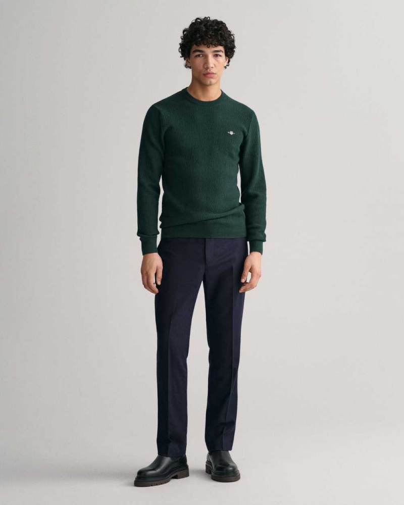 Gant Micro Cotton Textured Crew Neck Men's Sweater Tartan Green | ZNXTU-1428