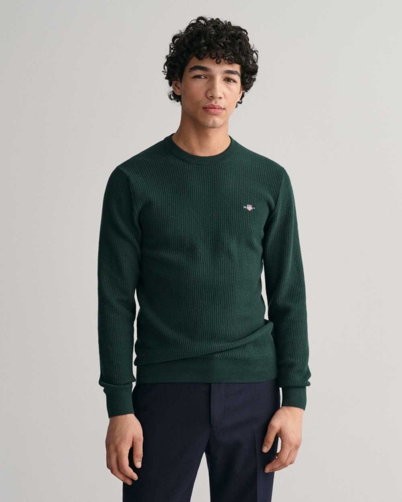 Gant Micro Cotton Textured Crew Neck Men\'s Sweater Tartan Green | ZNXTU-1428