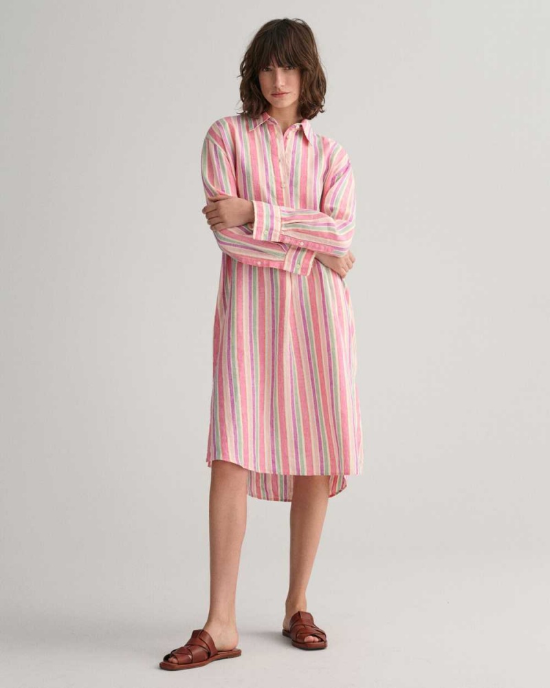 Gant Multi Striped Linen Shirt Women's Dress Multicolor | FOGMT-0671