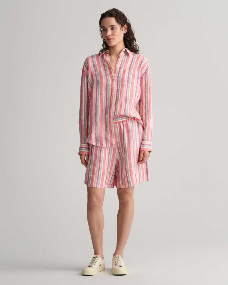 Gant Multi Striped Pull-On Linen Women's Shorts Multicolor | PVWNI-7986