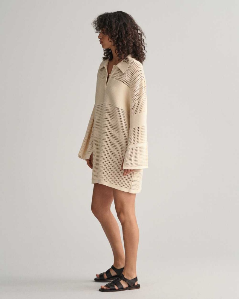 Gant Open Knit Rugger Women's Dress Cream | WKTCH-0238