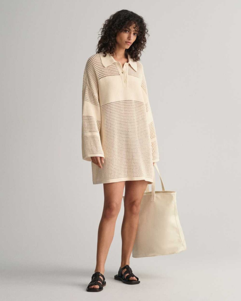 Gant Open Knit Rugger Women's Dress Cream | WKTCH-0238