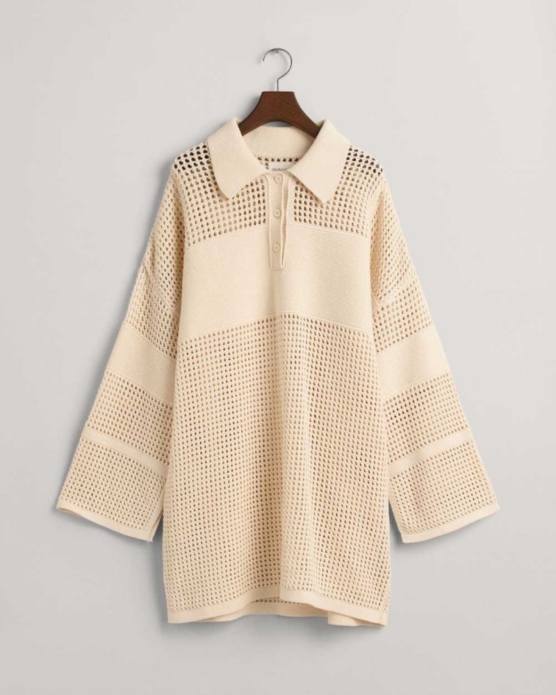 Gant Open Knit Rugger Women's Dress Cream | WKTCH-0238